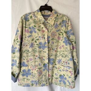 Appleseed's Long Sleeve Button-Up Jacket Large Yellow Blue Floral 100% Cotton